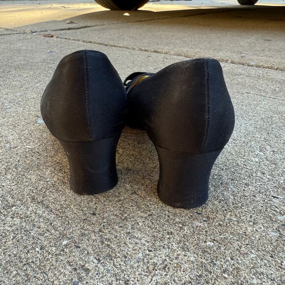 Nina Black Satin Heels with Bow - Size 7M, Gold Detail - Picture 5 of 7